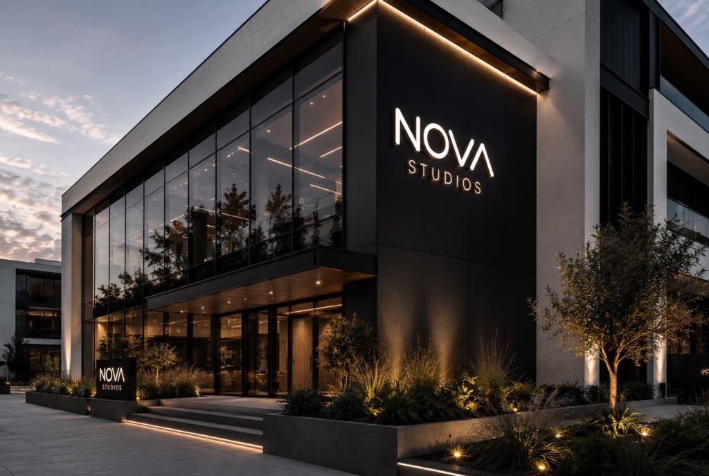 Fachada del edificio de Nova Studios iluminado al atardecer